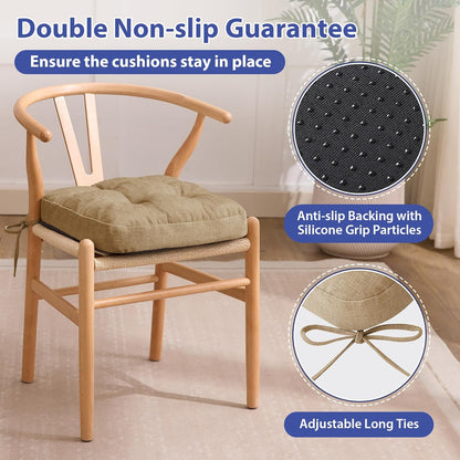 Chair Cushions for Dining Chairs, Dining Chair Cushions, Tufted Indoor Chair Pads with Ties & Non Slip Backing, Seat Cushions for Kitchen Chairs 16.5” x 16.5” x 3.5”, Set of 6, Khaki