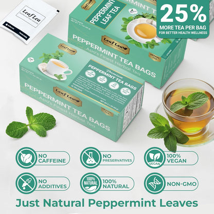 LeafLea 40 Peppermint Tea Bags, Natural Peppermint Leaf Herbal Tea with Cool Taste, Te De Menta for Gentle Digestive Support, Te De Hierba Buena, Caffeine-Free, Sugar-Free, Vegan, Individually Wrapped