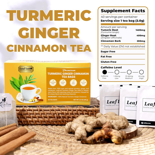 LeafLea 160 Ginger Turmeric Tea Bags, 100% Natural & Pure Herbal Tea Blend of Turmeric Ginger Tea with Cinnamon, Turmeric Tea Supports Digestion & Immunity, Caffeine-Free, No Sugar, Non-GMO