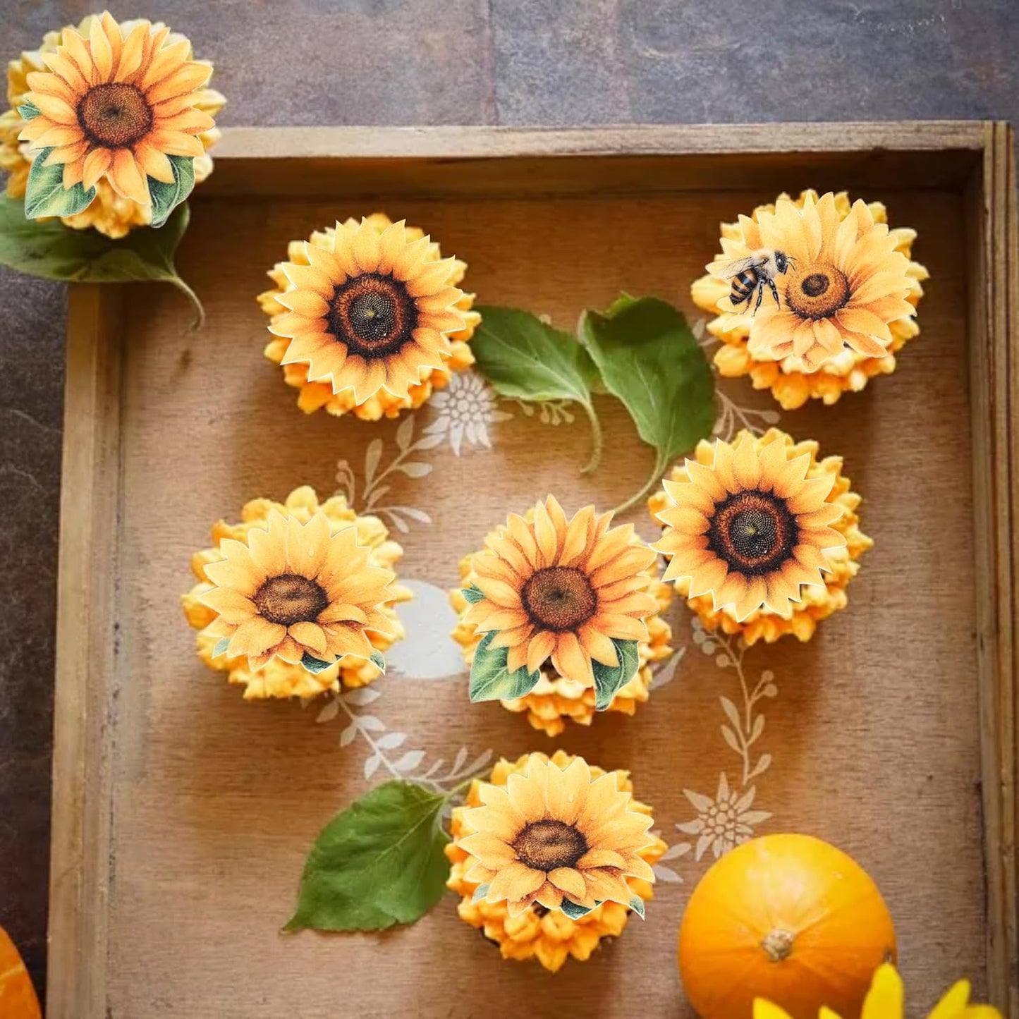 60 PCS Edible Sunflower Cupcake Toppers Wafer Paper Sunflower Cupcake Picks Edible Flower Party Decorations for Baby Shower Sunflowers Birthday Party Cake Toppers Food Decorations Supplies