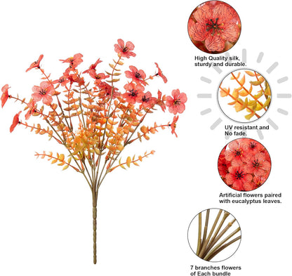 Artificial Fall Flowers Faux Mums for Outdoor Indoor Garden Home Decoration, Faux Flower Daisy with Eucalyptus Leaves Fake Mums Plants Greenery Boxwood Porch Patio, 12 Bundles (F Orange)