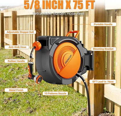 5/8" x 75 ft Retractable Hose Reel, Heavy Duty Retractable Garden Hose Reel Wall Mounted with 10-Pattern Hose Nozzle/Any Length Lock/Slow Return System/180°Swivel Bracket,Orange