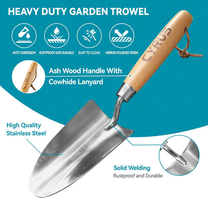 CYRUS 12.6”Garden Trowel,Heavy Duty Large Size Stainless Steel Garden Shovel with Ash Wood Handle,Suitable for Planting,Measuring,Weeding Multi-Functional Garden Spade