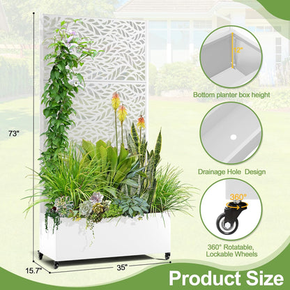 Raised Garden Bed with Trellis and Wheels,73"x35"x16" Metal Raised Garden Bed,White Flowing Leaf Metal Planter with Climbing Trellis for Vines & Vegetables