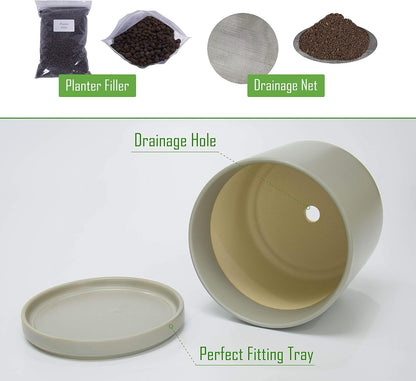 D'vine Dev 8 Inch & 10 Inch Ceramic Planter Pot for Plants with Drainage Hole and Saucer, Large Plant Pots Set, Grey, 94-G-L-3