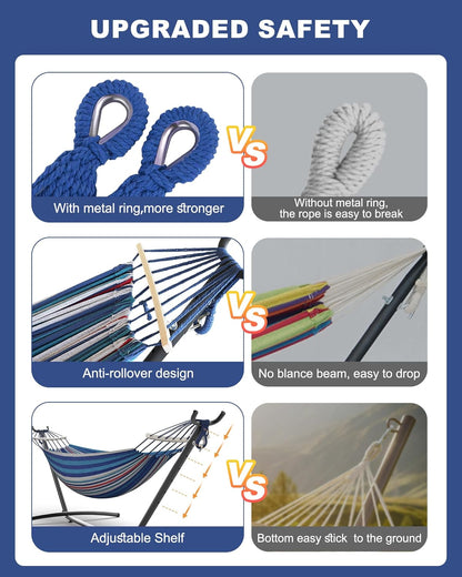 Double Hammock with Heavy-Duty Steel Stand,Portable,Easy Assembly,600lbs Weight Capacity,Suit for Indoor,Yard,Camping,or Outdoor-Fine Blue