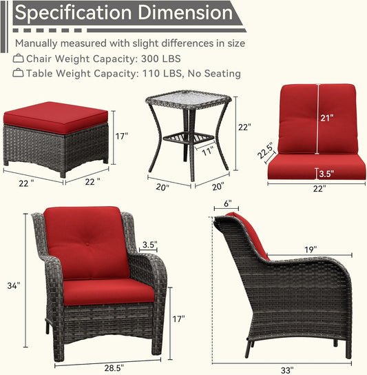 5 Pieces Patio Conversation Set, Wicker Chairs Set of 2 and Two Ottomans with 3.5-inch Seat Cushions, 1 Side Table High Back and Curved Armrest for Backyard, Balcony and Deck, Red