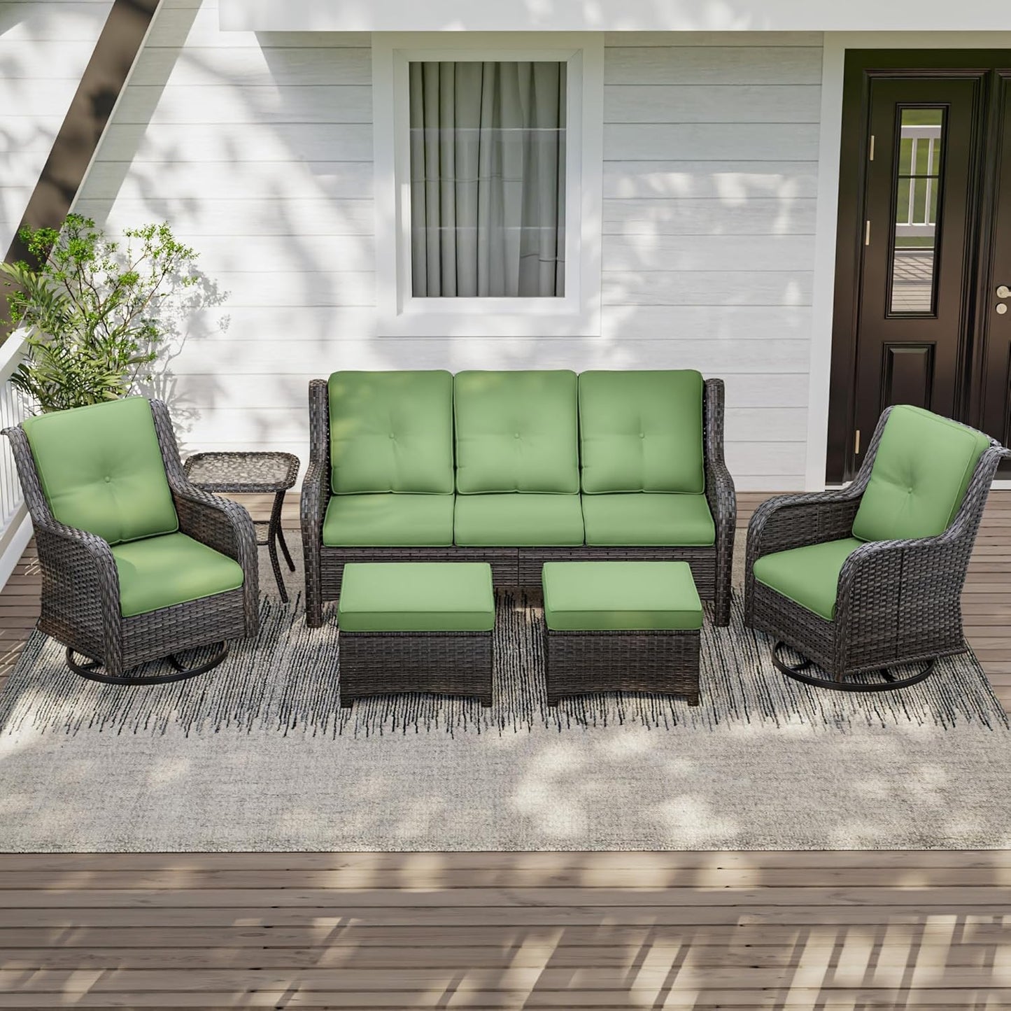 Wicker Patio Furniture Set 6 Piece, Outdoor Furniture Patio Conversation Set Includes 1 Three-Seat Sofa, 2 Swivel Rocker Chairs, 2 Ottomans and 1 Side Table,Green