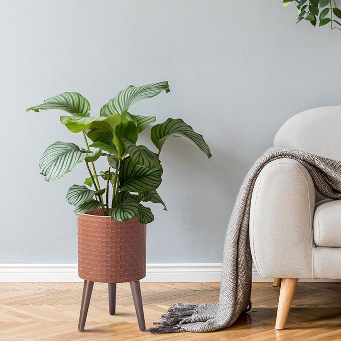 D'vine Dev 10 Inch Modern Geometric Tile Patterned Sleek Planter Pot with Stand, Indoor Outdoor Decorative Plant Holder, Terra Cotta, 88-Z-B-3