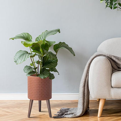 D'vine Dev 10 Inch Modern Geometric Tile Patterned Sleek Planter Pot with Stand, Indoor Outdoor Decorative Plant Holder, Terra Cotta, 88-Z-B-3