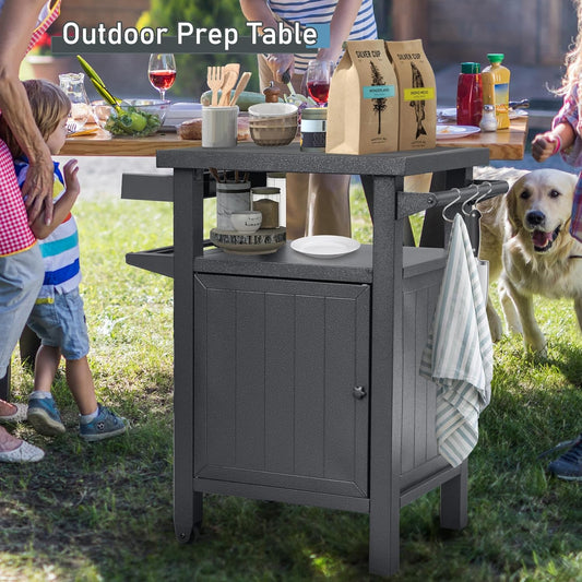 Grill Cart Outdoor with Storage Cabinet, Portable Rolling Patio Bar Cart with Wheels, BBQ Prep Table, Movable Stainless Steel Kitchen Island Dining Cart for Food/Drink/Cooking -Grey