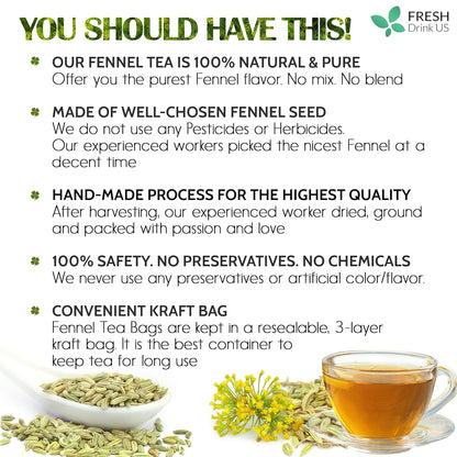 FreshDrinkUS, Premium 135 Fennel Tea Bags, 100% Natural & Pure from Fennel Seeds. Fennel Seed Herbal Tea. Fennel Seed Tea. Made with Natural Material Tea Bags. No Sugar, No Caffeine, No Gluten, Vegan.