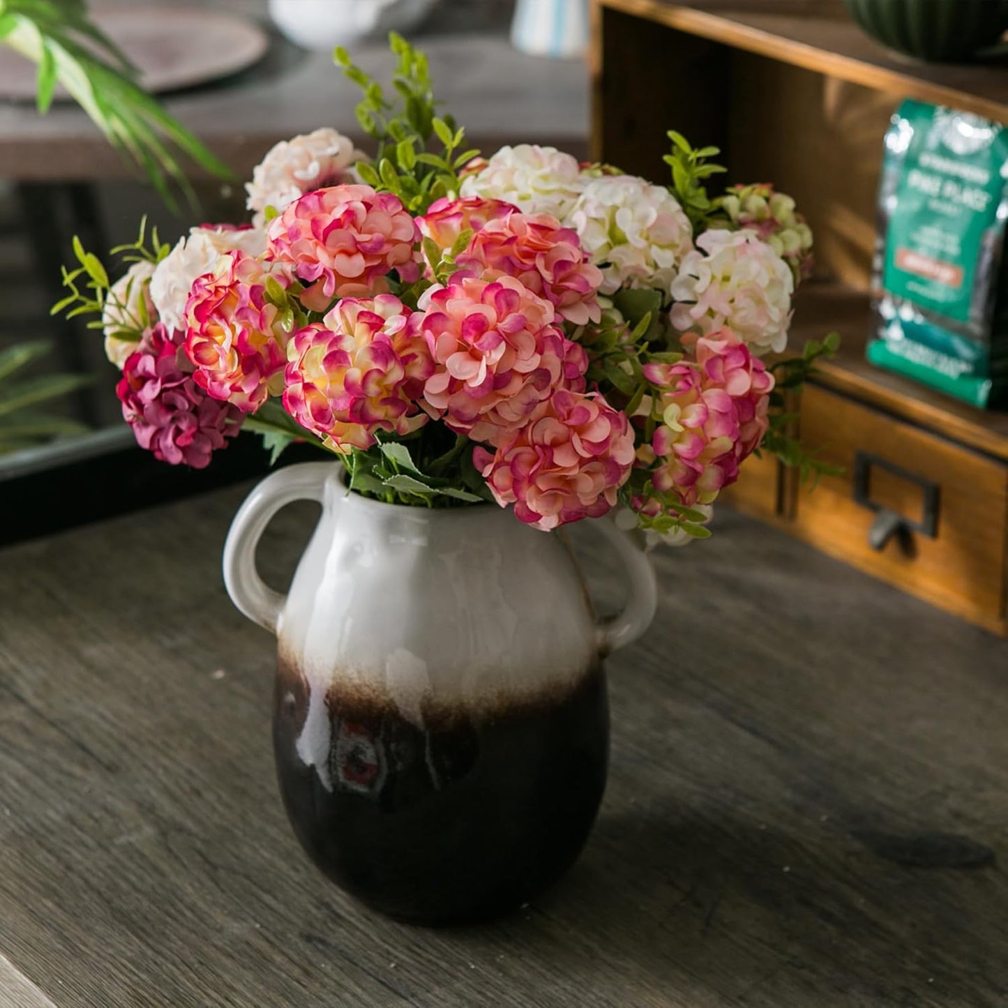 White Gradient Ceramic Vase with 2 Handles, Modern Farmhouse Decor, Rustic Terracotta Pottery, Decorative Flower Vases, Clay Small Vase, Centerpiece for Dining Table - 7 Inch Tall