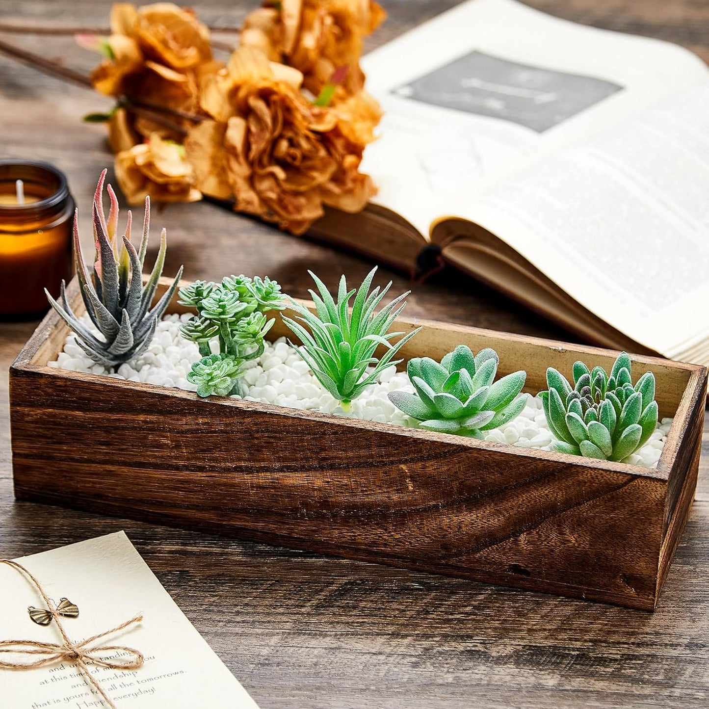 Dandat 4 Set Wood Boxes for Centerpieces Rectangle Wooden Planter Box Rustic Wood Planter with Removable Plastic Liner Floral Foam Blocks for Centerpieces Home Wedding Garden Decor (12x4 Inch)