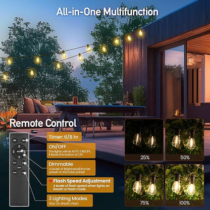 Solar String Lights Outdoor Waterproof 54 FT 24 Sockets 25 LEDs Patio Lighting, USB Charge & Remote Controlled Dimmer Timer, Solar Outdoor Lights for Patio Yard Outside Camping Party 2700K