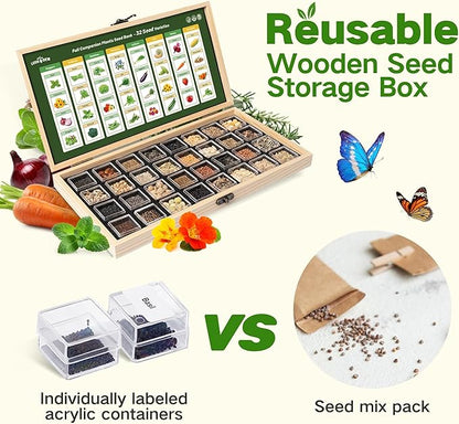 Lush&Dew Companion Plants Heirloom Seed Bank, Gardening Gifts for Women & Men, 32 Varieties 30,000+ Non-GMO Vegetable Seeds for Planting in Garden Bed Greenhouse, Survival Seed Kit for Food Supply