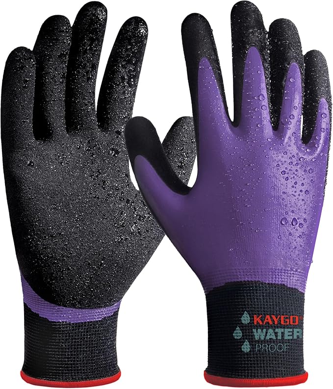 KAYGO Waterproof Work Gloves for Men and Women, Rubber Coated Non-slip Working Gloves for Garden, Outdoor Construction,KG150,Purple,S