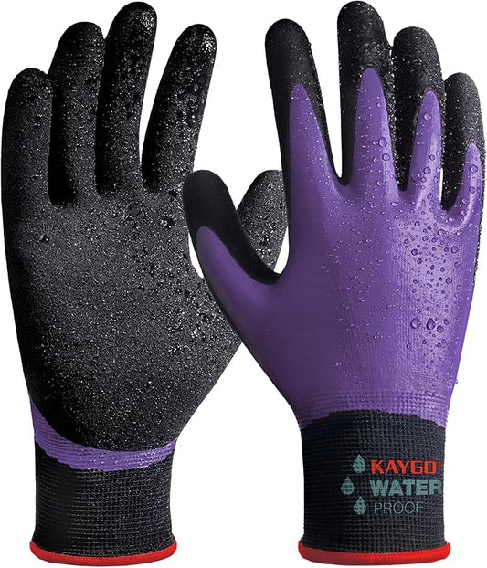 KAYGO Waterproof Work Gloves for Men and Women, Rubber Coated Non-slip Working Gloves for Garden, Outdoor Construction,KG150,Purple,S