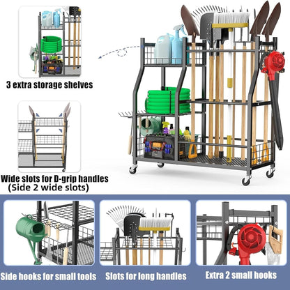 WALMANN Garden Tool Organizer with Wheels for Garage, Large Storage Capacity, Rakes/Shovels/Yard Tools Storage Stand for Shed, Garden, Indoor/Outdoor Long-Handled Tools Rolling Cart