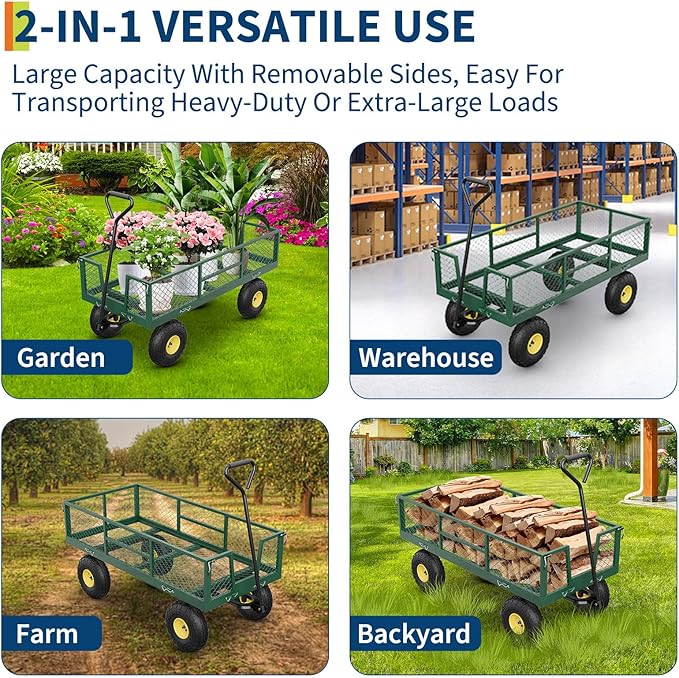 GarveeLife 900 LBS Garden Cart with Removable Mesh Sides, Heavy Duty Steel Garden Wagon with Adjustable Handles & 10 in Pneumatic Tires, Utility Wagon for Lawn Camping Farm Yard, Green+Black