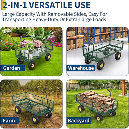 GarveeLife 900 LBS Garden Cart with Removable Mesh Sides, Heavy Duty Steel Garden Wagon with Adjustable Handles & 10 in Pneumatic Tires, Utility Wagon for Lawn Camping Farm Yard, Green+Black