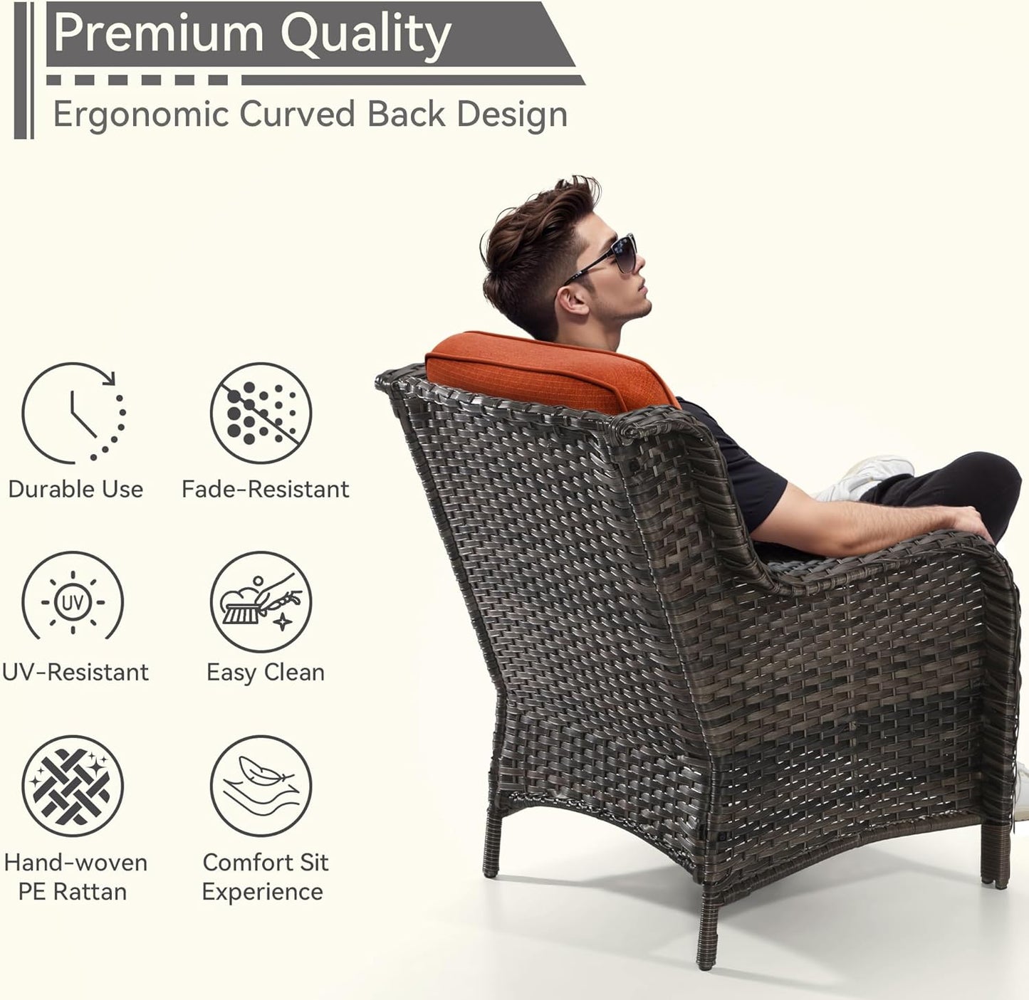 3 Pieces Outdoor Patio Chairs Set - Wicker Patio Conversation Sets with 1 Side Table, Olefin Fabric Cushions Suitable for Backyard Deck and Porch,Orange