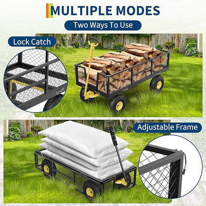 GarveeLife 900 LBS Garden Cart on Wheels with Adjustable Handles, Heavy Duty Steel Garden Wagon with Removable Mesh Sides to Convert into Flatbed, Wagon Cart for Lawn Farm Yard