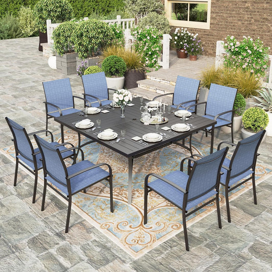 HERA'S HOUSE 9 Pieces Patio Dining Sets, 8 x Blue Textilene Dining Chair, 60" Square Metal Dining Table with 1.57" Umbrella Hole, Outdoor Table and Chairs Set for Lawn Garden Backyard Deck