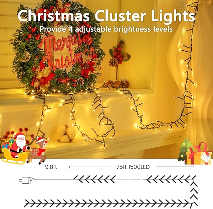 75FT 1500 LED Cluster Christmas Lights, Christmas Tree Lights Outdoor Indoor with 8 Modes & Timer & Remote, Firecrackers String Lights Waterproof for Garland Party Xmas Decorations, Warm White