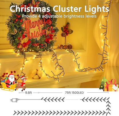 75FT 1500 LED Cluster Christmas Lights, Christmas Tree Lights Outdoor Indoor with 8 Modes & Timer & Remote, Firecrackers String Lights Waterproof for Garland Party Xmas Decorations, Warm White
