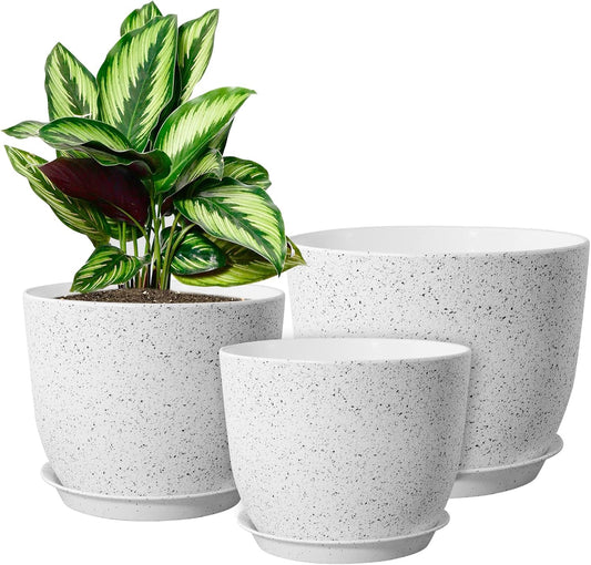 Modern Plant Pots Set, 9/8/7.5 inch Plastic Planters for Indoor Plants, Stylish Flower Pots with Drainage Holes and Saucers for House Plants and Flowers, White Speckles