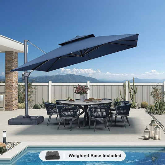 PURPLE LEAF 12 FT Cantilever Patio Umbrella Outdoor Umbrella with 330lbs Base Large Square Windproof Offset Umbrella for Pool Deck Garden, Ocean Slate