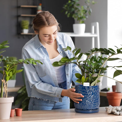 D'vine Dev 6 Inch Embossed Leaves Stoneware Planter Pot with Drainage Hole and Saucer, Midnight Blue, 27-A-X-3