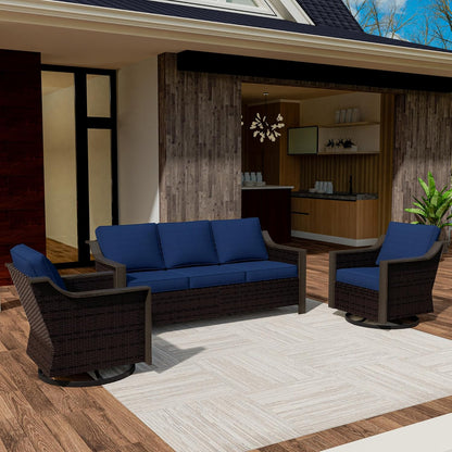 3 Piece Wicker Patio Conversation Set, All-Weather Use Outdoor Wicker Sofa with 2 PE Rattan Swivel Chair, Removable Water-Resistant Cushion, Ideal for Porch, Backyard, Balcony, Poolside, Blue