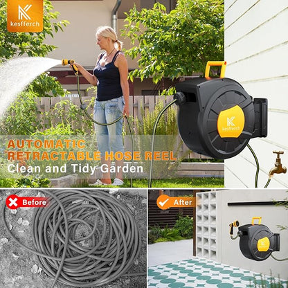 Retractable Hose Reel, 1/2 Inch x 98 FT Compact Water Hose Reel Wall Mounted Garden Hose Reel with 10 Pattern Nozzles, Any Length Lock, Slow Rewind Storage, 180°Swivel Bracket