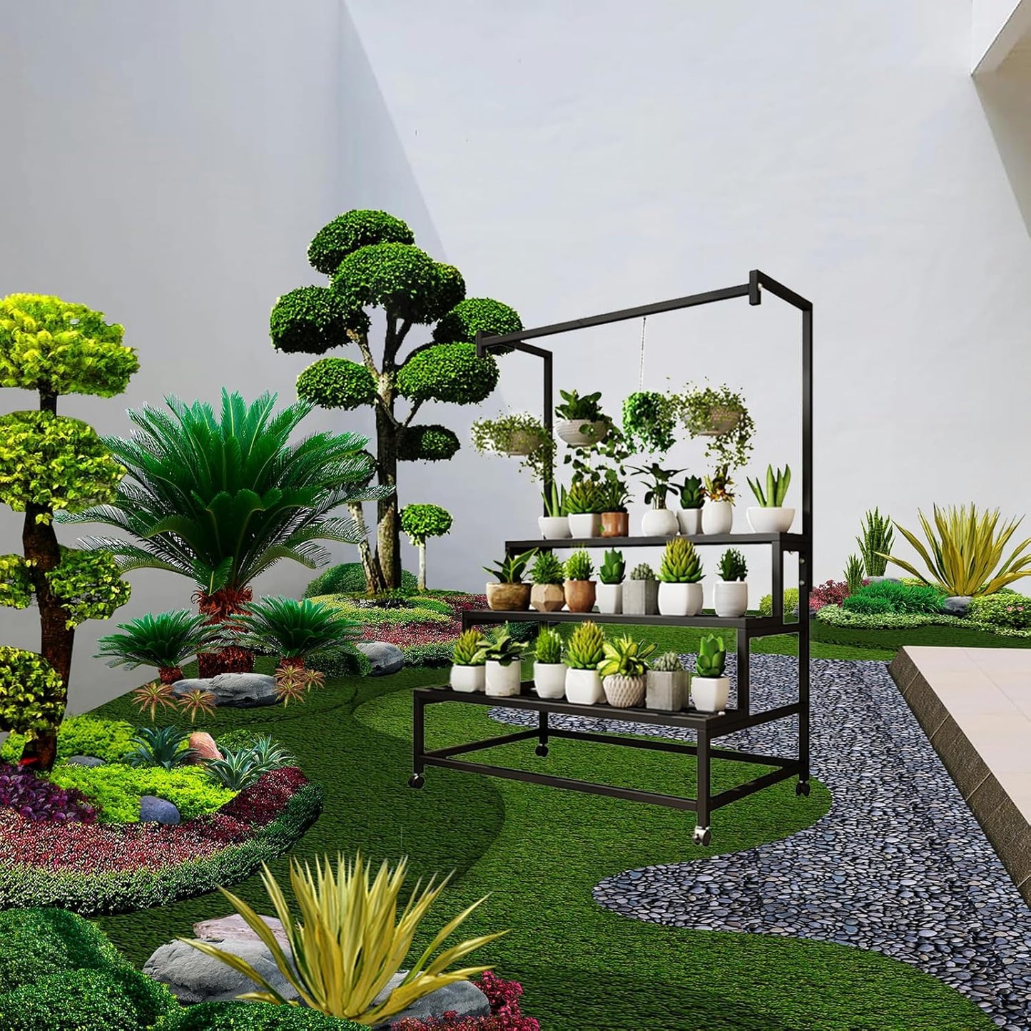 3 Tier Large Metal Plant Stand, with Hanging Tall Plant pot shelf, with Rollers Heavy Duty Plant Holder, for Home/Garden/living room/balcony (BLACK, 47IN)