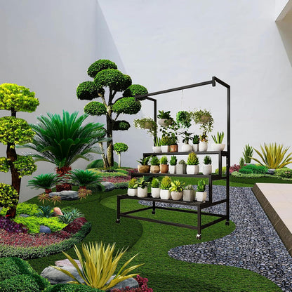 3 Tier Large Metal Plant Stand, with Hanging Tall Plant pot shelf, with Rollers Heavy Duty Plant Holder, for Home/Garden/living room/balcony (BLACK, 47IN)