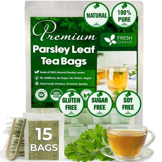 FreshDrinkUS, Premium 15 Parsley Leaf Tea Bags, 100% Natural & Pure from Parsley Leaves. Loose Leaf Parsley Herbal Tea. Made with Natural Material Tea Bags. No Sugar, No Caffeine, No Gluten, Vegan.