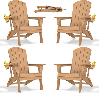Folding Adirondack Chair - Extended Ergonomic Backrest, Cup Holder - Easy Assembly - Durable HDPE Plastic, Weather Resistant & Maintenance-Free - Lawn, Patio, Deck Supports 380lbs Teak