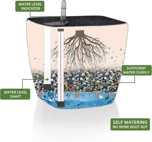 Dexceder 13x12 Self Watering Planter with Wheels Indoor Outdoor, Inner Mat Design, Thickened Large Floor Standing Flower Plant Pot with Water Level Indicator (Stone Matte)