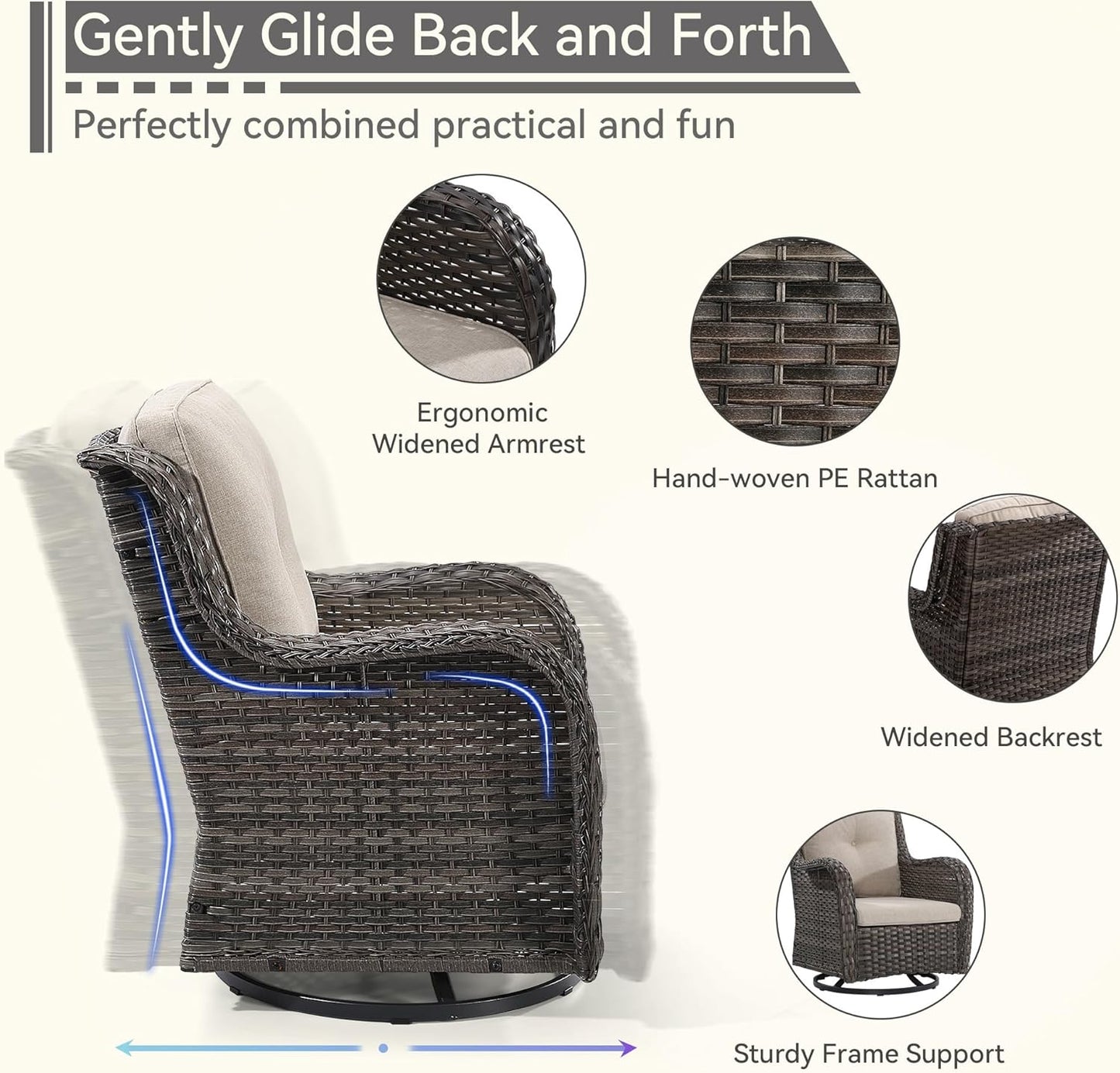 2 Pieces Outdoor Swivel Rocker Patio Chairs Set - Outdoor Wicker Patio Conversation Sets with 1 Side Table, Olefin Fabric Cushions Suitable for Backyard Deck and Porch, Beige