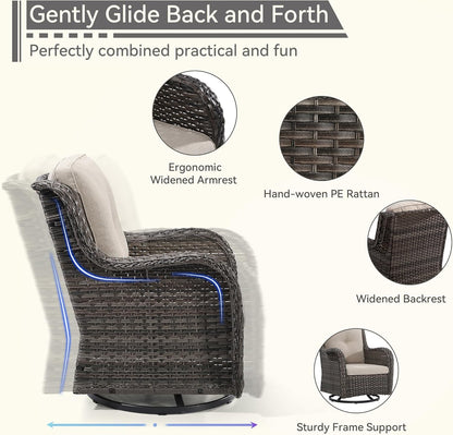 2 Pieces Outdoor Swivel Rocker Patio Chairs Set - Outdoor Wicker Patio Conversation Sets with 1 Side Table, Olefin Fabric Cushions Suitable for Backyard Deck and Porch, Beige