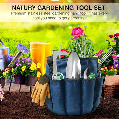 Garden Tools Set – Premium Stainless Steel Gardening Hand Tools with Solid Beechwood Handle – Gardening Kit with Rake, Shovel, Gloves, Shears, Tool Organizer – Garden Gifts for Women and Men