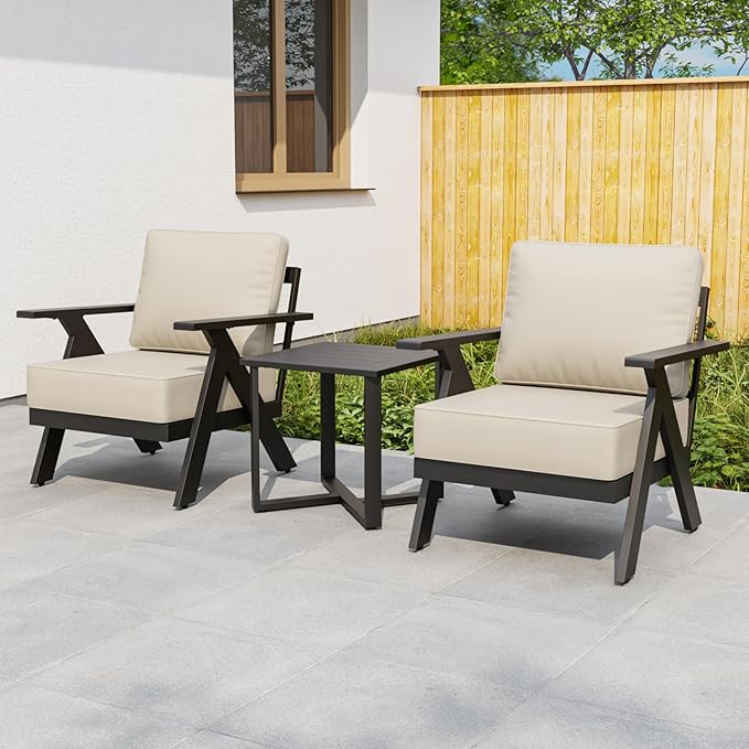 EAGLE PEAK Urban Slate 3 Piece Outdoor Bistro Set Modern Patio Chairs and Table, Outdoor Furniture Set for Balcony Porch Deck or Backyard, Black/Beige