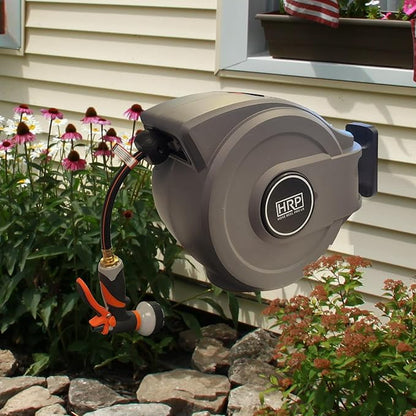 Retractable Garden Hose Reel, 50 ft Wall-Mounted Garden Hose with Automatic Rewind, 10-Function Spray Nozzle, 180° Swivel Bracket, Heavy-Duty Leak-Proof Design, Grey