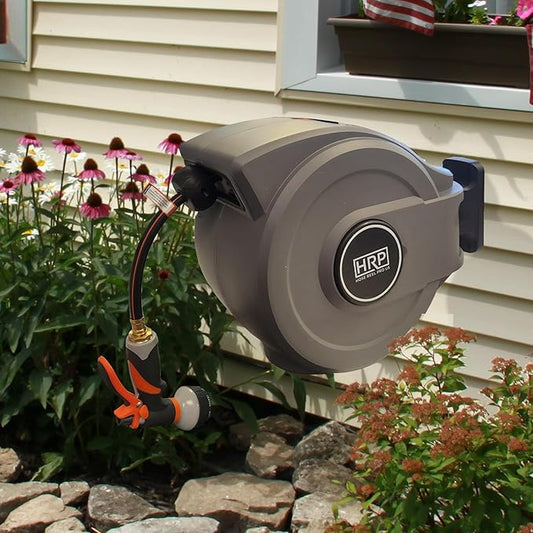 Retractable Garden Hose Reel, 50 ft Wall-Mounted Garden Hose with Automatic Rewind, 10-Function Spray Nozzle, 180° Swivel Bracket, Heavy-Duty Leak-Proof Design, Grey