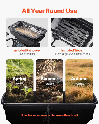 VEVOR Tow Behind Broadcast Spreader, 130LBS Capacity, Tow-Behind Lawn Spreader with 13 in Tires, 30 Adjustable Setting & 9.8 ft Spreading Width, Lawn Spreaders for Seed, Fertilizer, Salt, Ice Melt