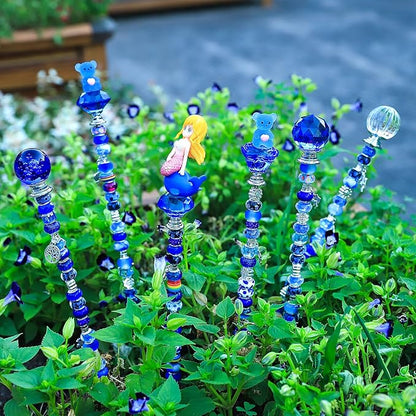 AIPRIDY 158 Pcs DIY Fairy Wand Garden Stakes Kit,Multiple Color Scheme European Beads Crystal Diamond Tops and 12 or 10 Inch Threaded Rods,Stainless Steel Stakes with Diamond Toppe(Sapphire Blue)