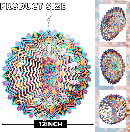 Goolyrusim Metal Wind Spinner - Mandala Lotus Wind Spinners, 12inch Kinetic 3D Hanging Wind Sculptures, Indoor/Outdoor Garden & Yard Art Decoration, Creative Gifts for Women Mom Grandma & Holidays