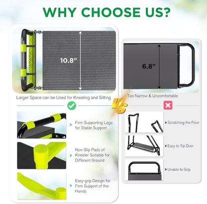 10.8” Wide Garden Kneeler and Seat, Heavy Duty Foldable Gardening Stool with Tool Belt Pouch, Included Thickened Kneeling Pad, Portable Gardening Bench Chair for Seniors & Parents